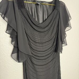 Pre-Owned Women's Jkara Black Beaded Evening Dress size 8‎ Flutter Sleeve